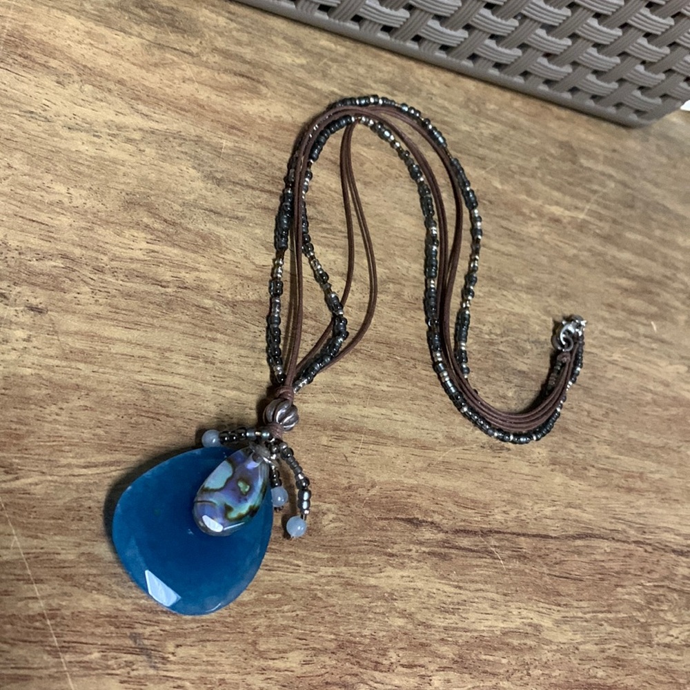 Silpada Blue Teardrop Pendant Necklace with Brown Cord and Beaded Accents